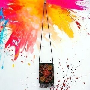 Sunset Color Embroidered Floral Print Boho Fringe Hem Crossbody Bag - “Tiara”